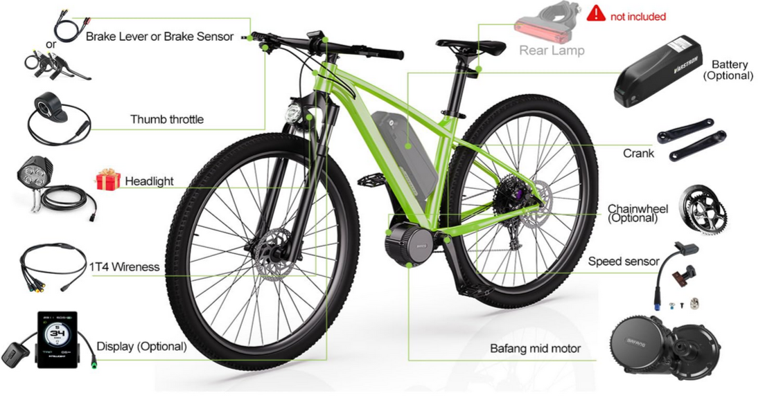 Kit moteur pédalier Bafang BBS installé sur vélo - vue d'ensemble montage complet avec batterie