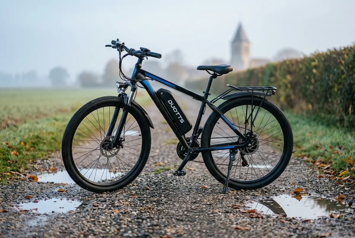 Vélo électrique Duotts C29 à roues de 29 pouces et porte-bagages sur un chemin de campagne