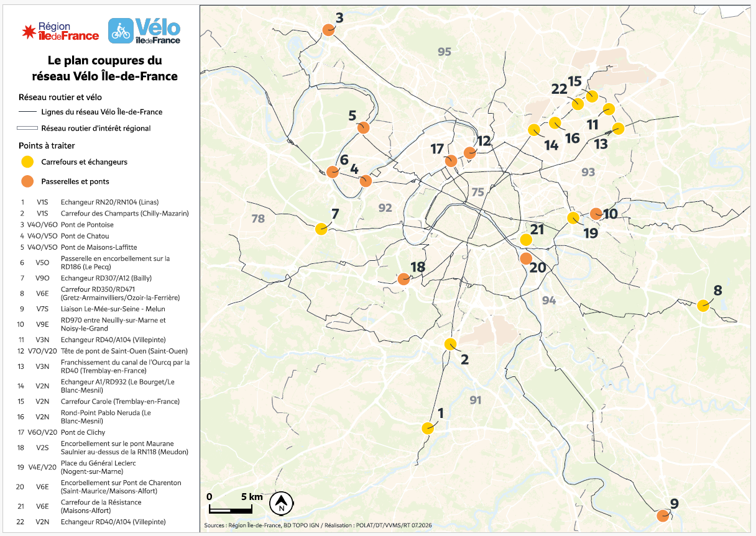 Carte des 22 coupures cyclables prioritaires identifiées en Île-de-France