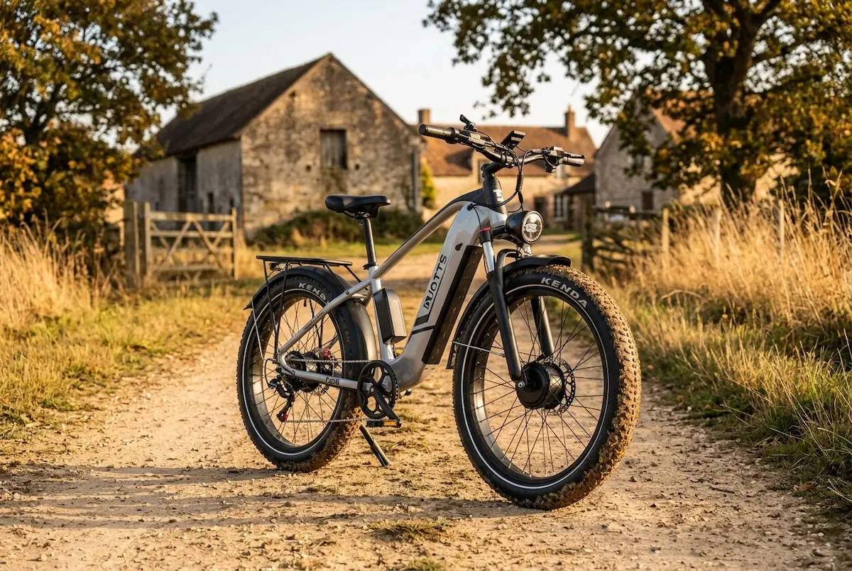 Fatbike électrique Duotts F26 à pneus de 4 pouces sur un chemin de propriété privée