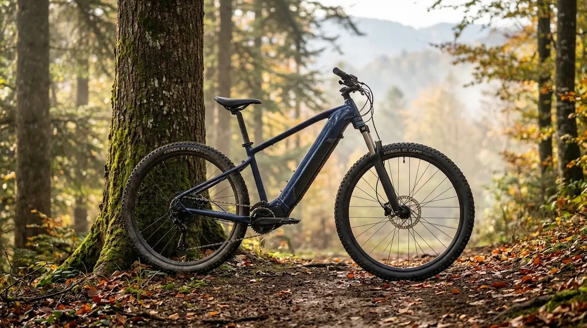 Illustration du VTT électrique Rockrider E-EXPL 140 de Decathlon en forêt