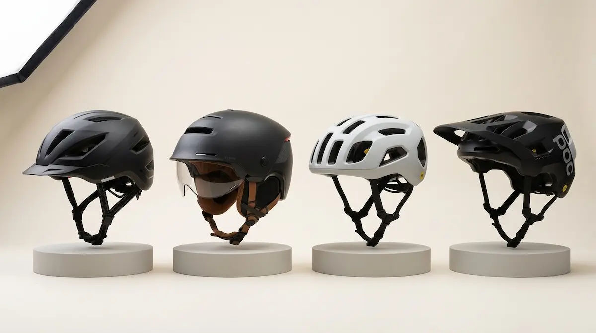 Comparatif des meilleurs casques vélo 2026 par usage : Abus Pedelec 2.0, Decathlon Btwin 900, POC Ventral Air MIPS et POC Kortal Race MIPS
