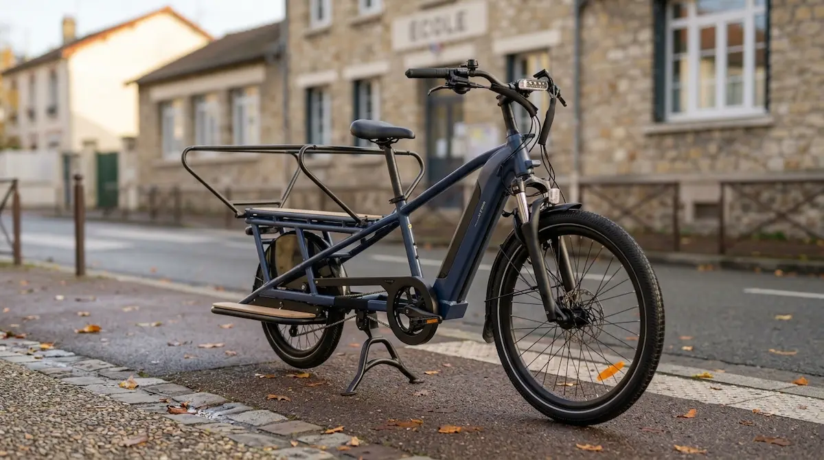 Vélo cargo longtail électrique Btwin E-Three 500 posé sur sa béquille double dans une rue résidentielle