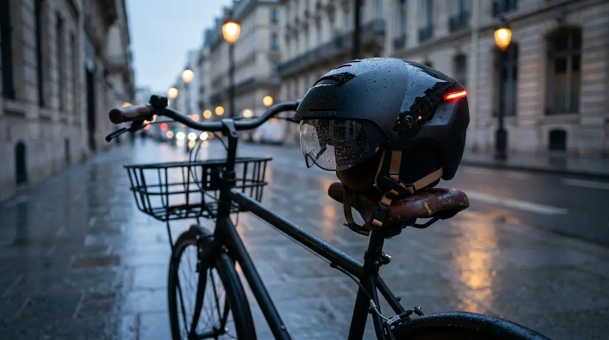 Casque Decathlon Btwin 900 avec visière et éclairage arrière posé sur la selle d'un vélo de ville